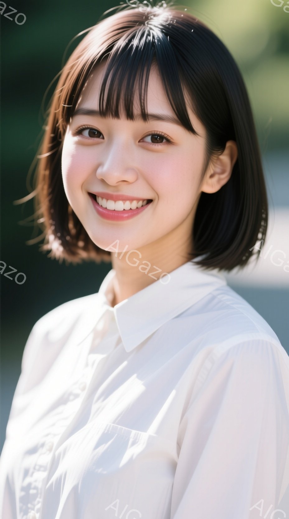 若い女性が、白いブラウスを着て微笑んでいます。彼女は、前髪を少し長めに残した、肩までの長さの黒髪で、明るい表情をしています。背景は緑豊かな自然で、光が差し込み、全体的に明るく柔らかな雰囲気が漂っていま - AI生成フリー素材