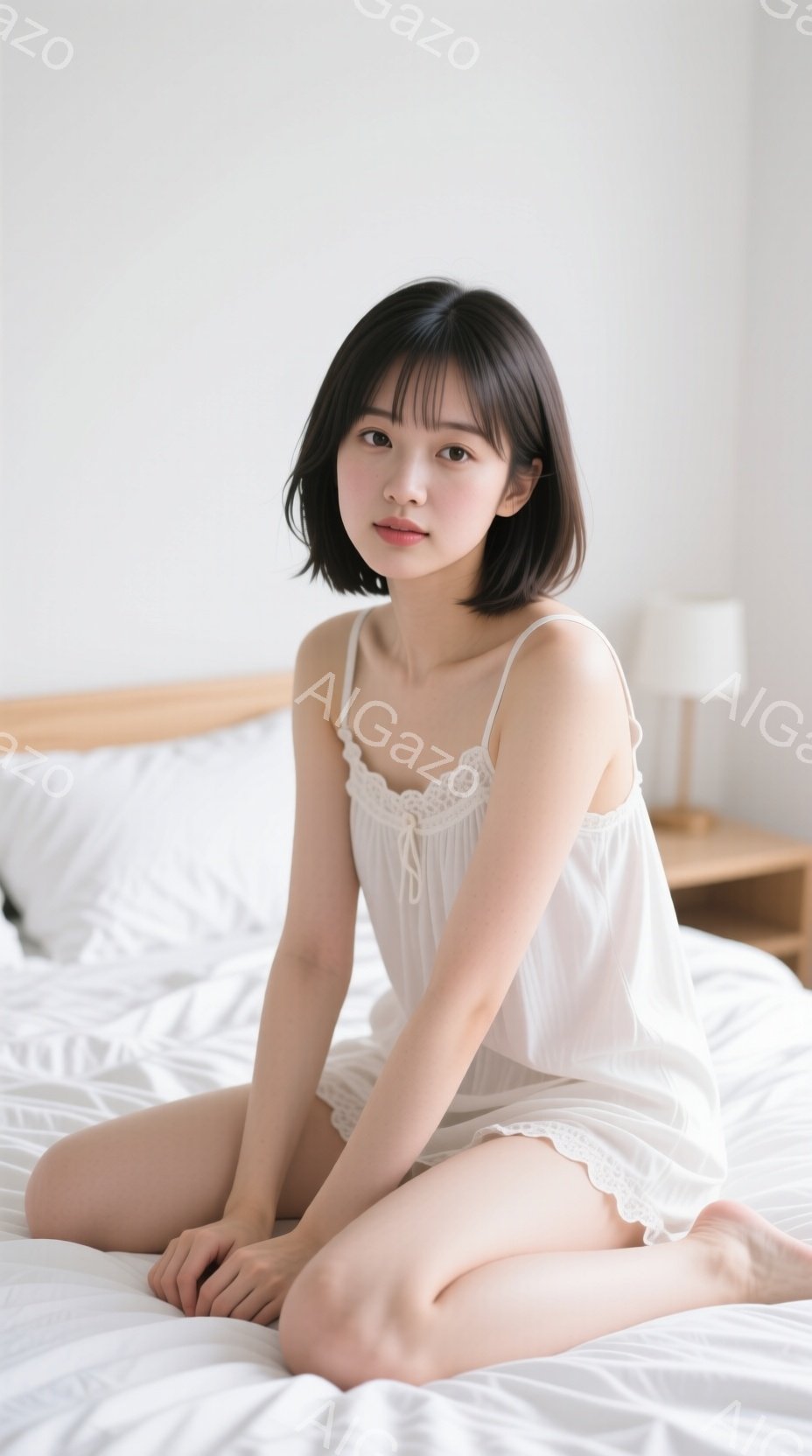 ショートヘアの女性が白いベッドに座ってこちらを見ています。彼女はレースのトリムが付いた白いキャミソールドレスを着ており、表情は穏やかで少し微笑んでいます。背景には木製のナイトスタンドとランプが見え、全 - AI生成フリー素材