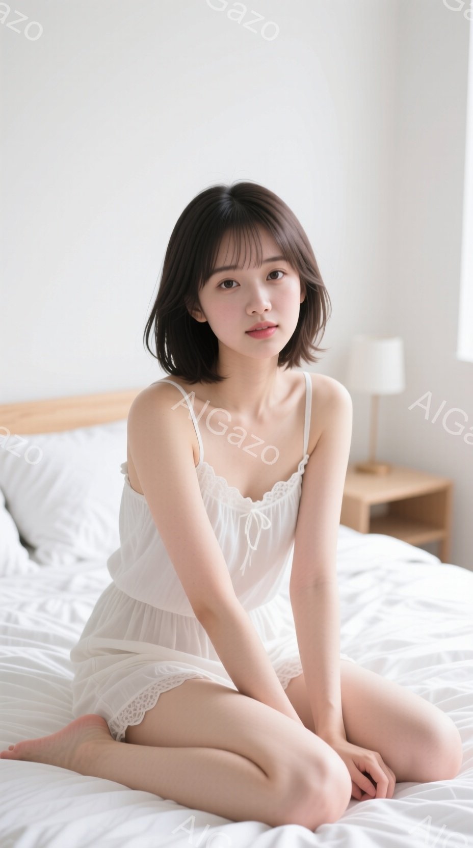 若い女性が白いベッドの上に座っており、白いレースのキャミソールとショートパンツを着用しています。彼女は足を組み、穏やかな表情でカメラを見ています。背景はシンプルで、木製のナイトスタンドとランプがあり、 - AI生成フリー素材