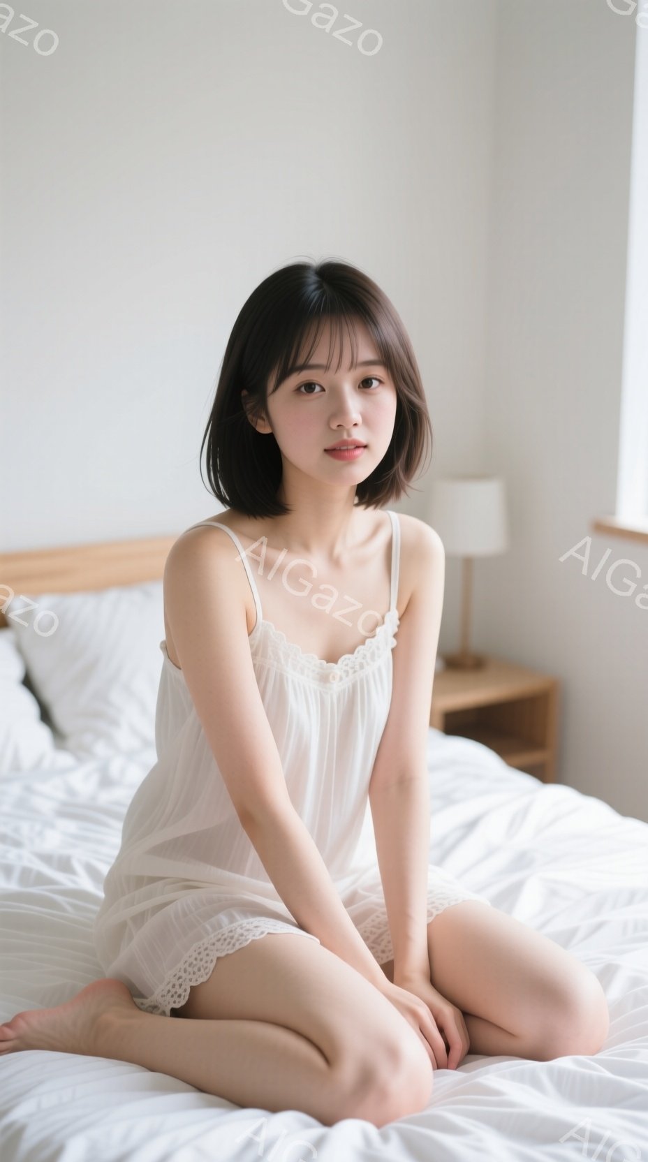 白いレースのキャミソールドレスを着た若い女性が、白いベッドに座ってこちらを見ています。彼女は短い黒髪で、前髪が目にかかるようにカットされています。部屋は明るくシンプルで、全体的に柔らかく穏やかな雰囲気 - AI生成フリー素材