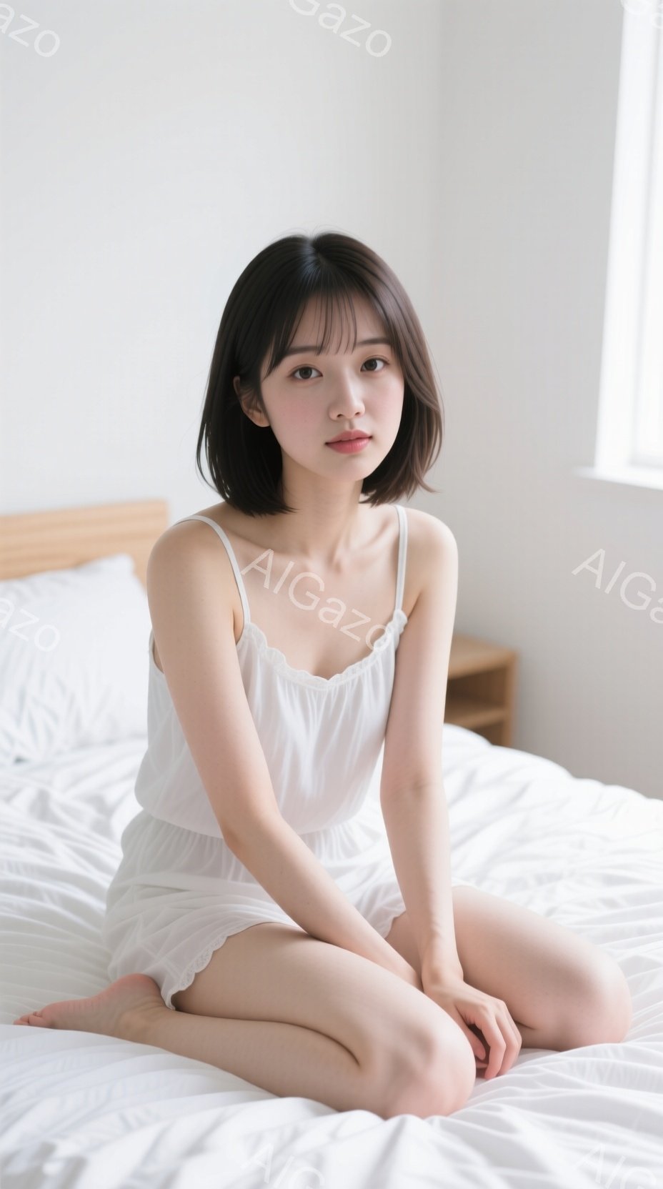 白いキャミソールとショートパンツを身に着けた女性が、白いベッドの上に座っています。彼女は膝を曲げ、両手を膝の上に置き、穏やかな表情でカメラを見ています。背景はシンプルで、窓から自然光が差し込み、全体的 - AI生成フリー素材