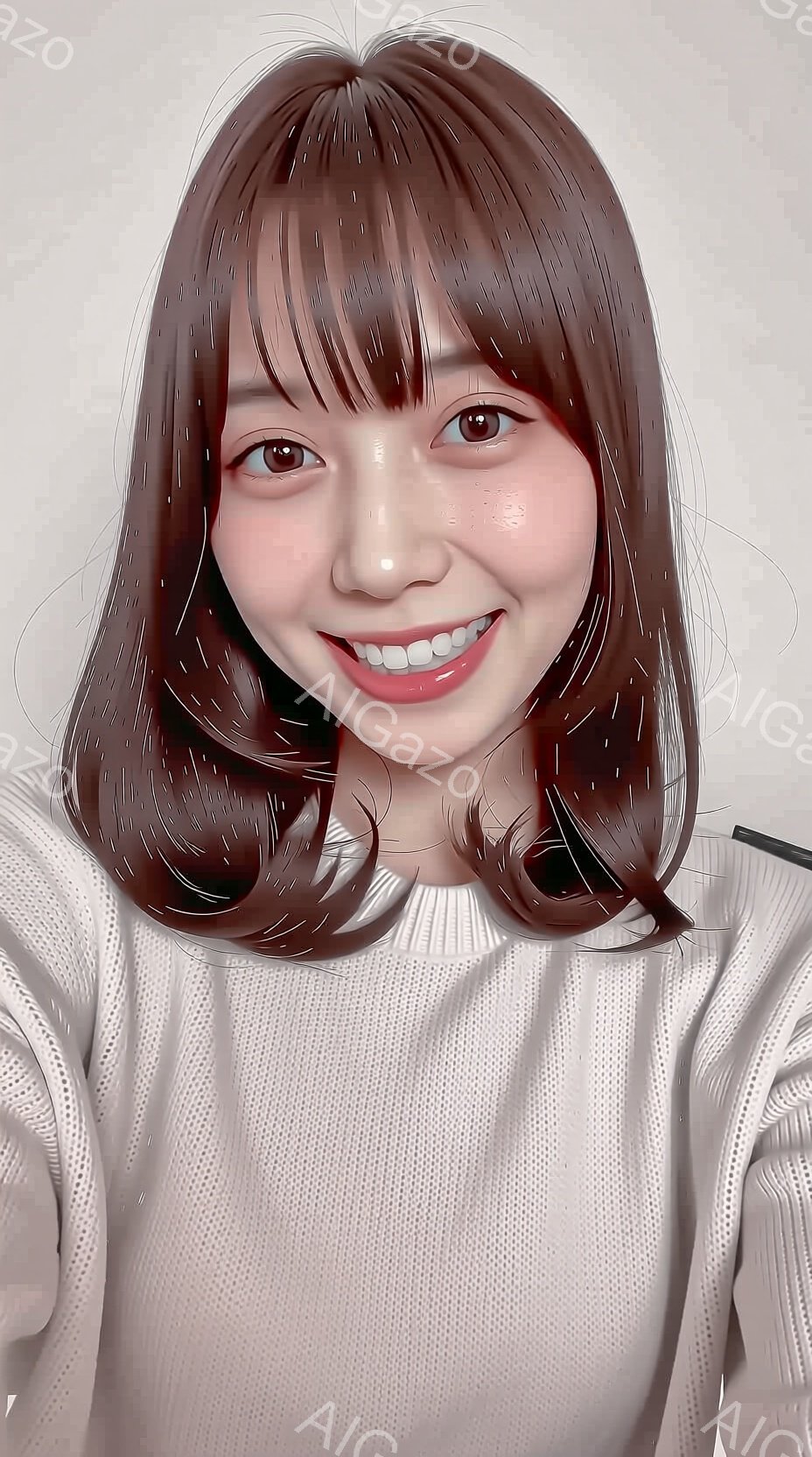 画像は、肩までの長さの茶色の髪をした若い女性を描いています。彼女は白いセーターを着ており、穏やかな笑顔を浮かべています。背景はぼやけた淡い色調で、女性が焦点となっている印象を与えます。 - AI生成フリー素材