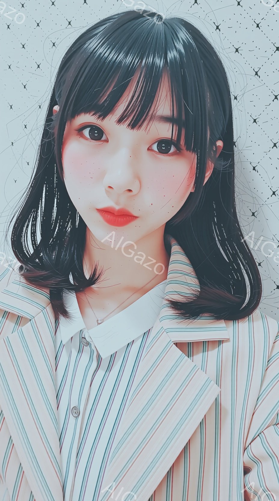 黒髪の女性が、ストライプのシャツを着て正面を見つめています。彼女は軽く微笑み、頬にはうっすらと赤みが差しています。背景は淡い色調で、星のような模様が散りばめられており、柔らかい雰囲気を醸し出しています。