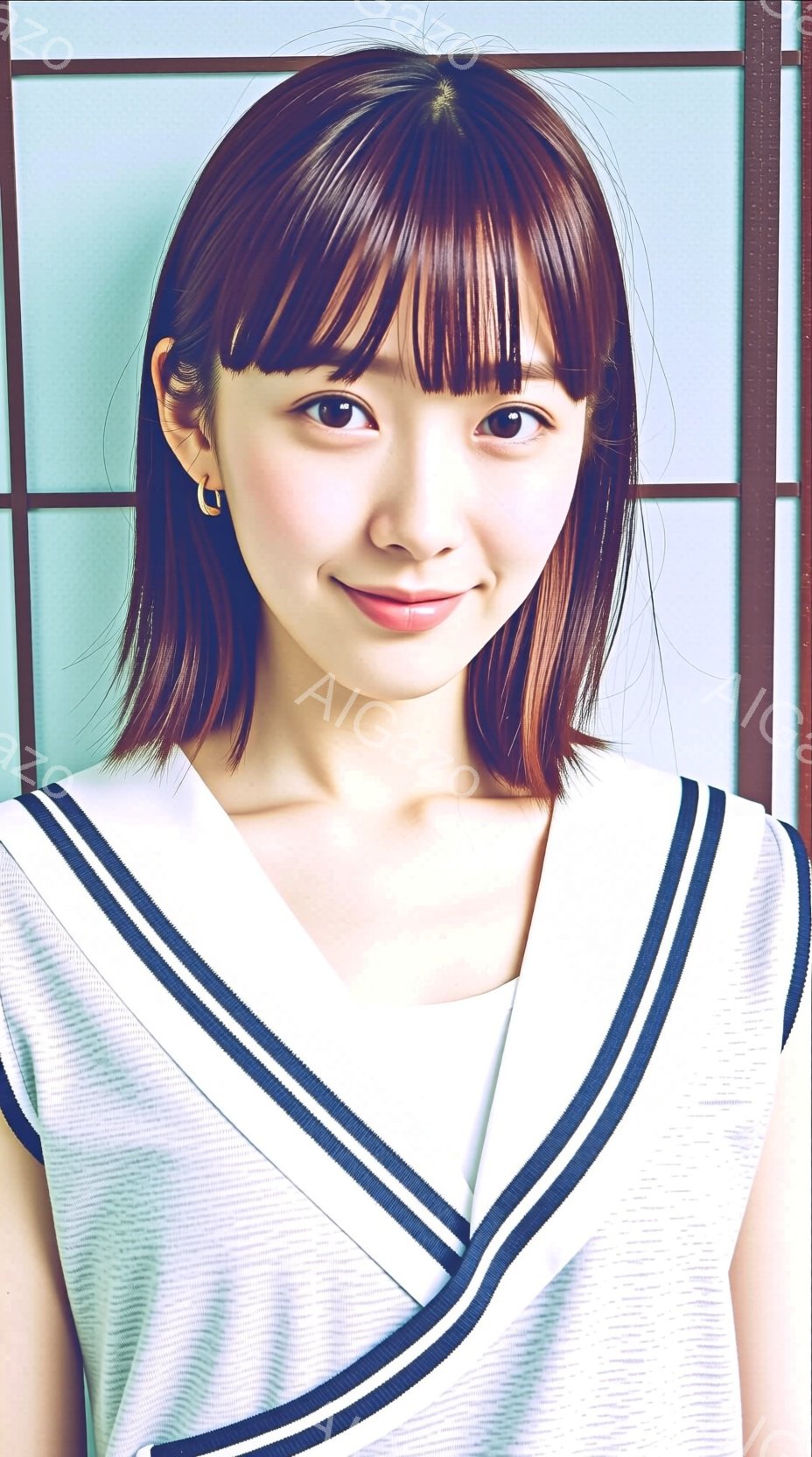 画像は、明るい笑顔を浮かべた若い女性を捉えています。彼女は白いセーラーカラーのブラウスを着用し、肩までの長さの茶色の髪をサイドパートにしています。背景はぼやけた薄い水色の壁で、女性が中心に配置され、親 - AI生成フリー素材