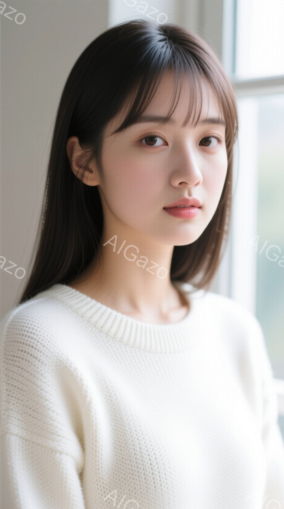長い黒髪で、前髪は眉毛にかかるようにカットされた若い女性が写っています。白いセーターを着ており、表情は穏やかで少し微笑んでいるように見えます。背景はぼやけていますが、窓枠と光が差し込む壁の一部が見え、 - AI生成フリー素材