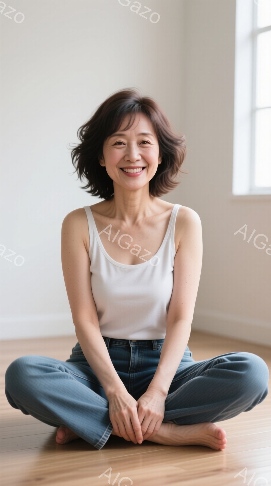 画像は、床に座って微笑む女性を捉えています。彼女は白いタンクトップとジーンズを着用しており、髪は肩までの長さで軽くカールしています。背景はシンプルな白い壁で、全体的にリラックスした穏やかな雰囲気を醸し - AI生成フリー素材
