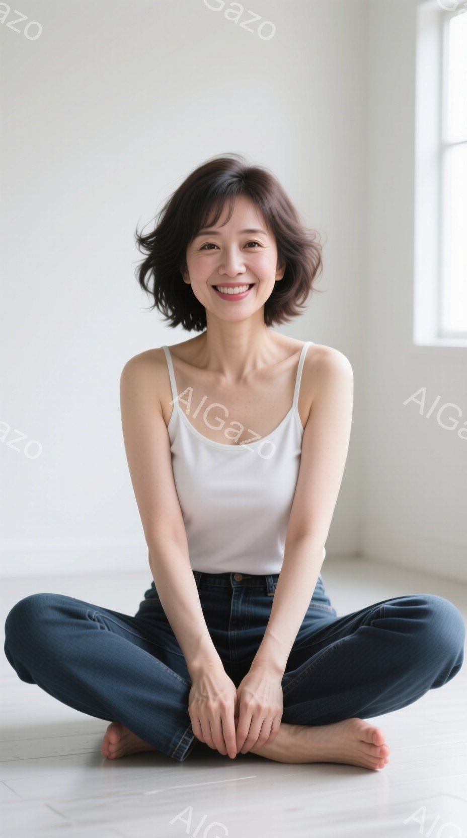 明るい室内で、女性が床に座って微笑んでいます。白いタンクトップと濃いデニムのジーンズを着用し、足の裏を合わせて座っています。彼女は短いダークブラウンの髪をしており、顔には穏やかな笑顔が広がっています。 - AI生成フリー素材