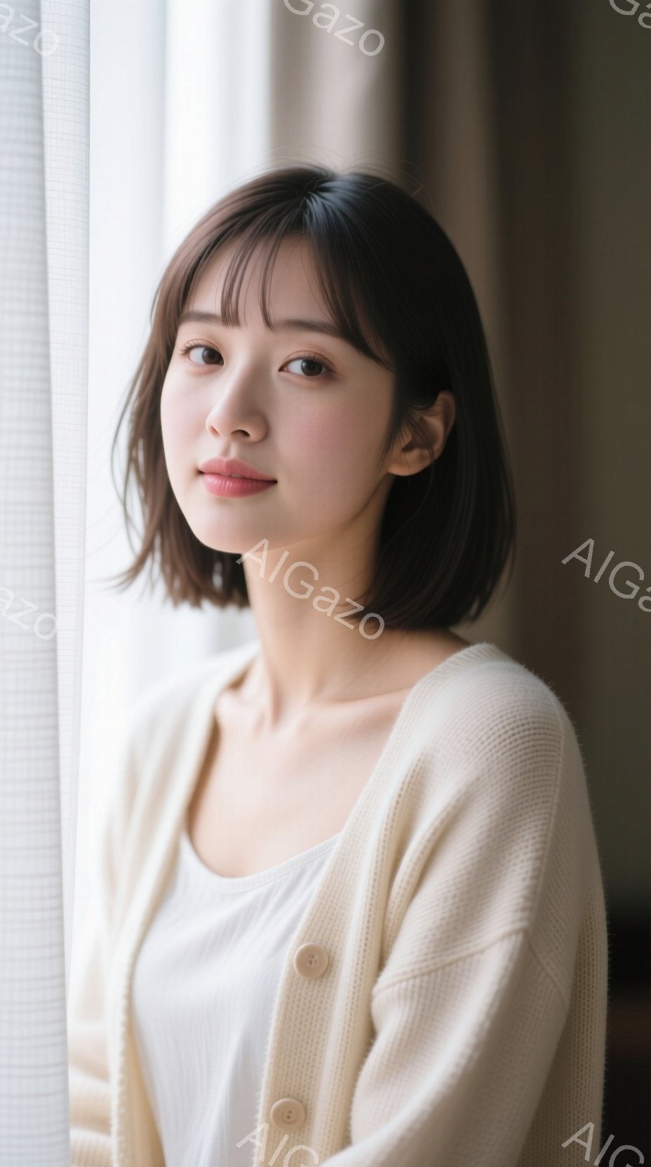 明るい背景の中で、肩までの長さの黒髪で、前髪が少し流れた女性が写っている。淡いクリーム色のカーディガンに白いインナーを着ており、穏やかでわずかに微笑んだ表情をしている。窓辺に立っており、全体的に柔らか - AI生成フリー素材