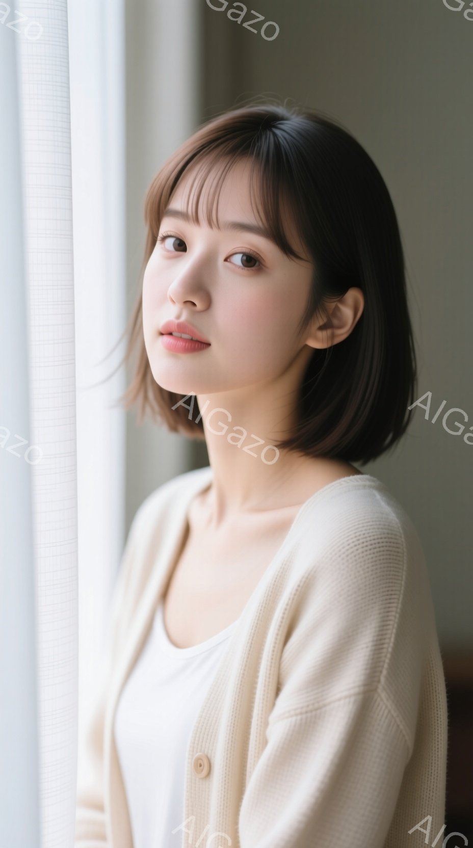 ショートヘアの女性が、クリーム色のカーディガンと白いインナーを着て、窓辺に立っている。彼女は穏やかな表情で、少し微笑んでいるように見える。背景はぼやけており、自然光が差し込み、全体的に柔らかく、温かい - AI生成フリー素材