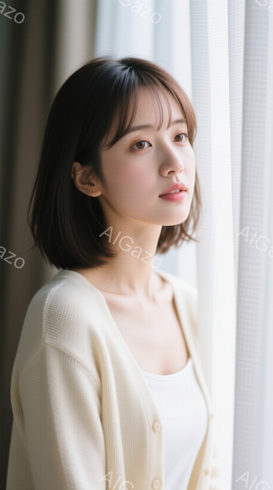 明るい窓辺に立つ若い女性が写っている。オフホワイトのカーディガンに白いタンクトップを着ており、肩にかかる長さのダークブラウンのヘアスタイルは、顔周りにふんわりとしたレイヤーがかかっている。彼女はわずか - AI生成フリー素材