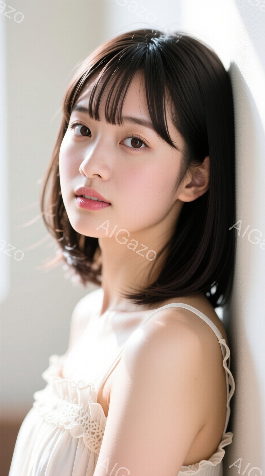 明るい背景を背に、若い女性が正面を向いて写っている。彼女は肩出しの白いレースのトップスを着ており、前髪を伸ばしたダークブラウンの髪が印象的だ。顔には穏やかな微笑みが浮かび、少しだけ首を傾けているため、 - AI生成フリー素材