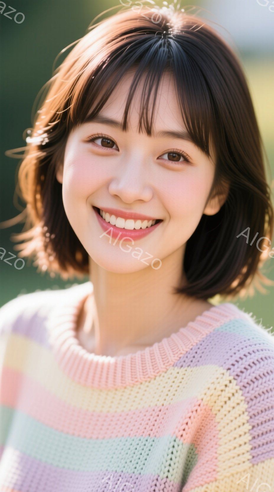 明るい笑顔を見せる若い女性が写っています。彼女はパステルカラーのストライプのセーターを着ており、前髪のあるショートヘアです。背景はぼやけていますが、緑豊かな自然が感じられ、全体的に暖かく優しい雰囲気で - AI生成フリー素材