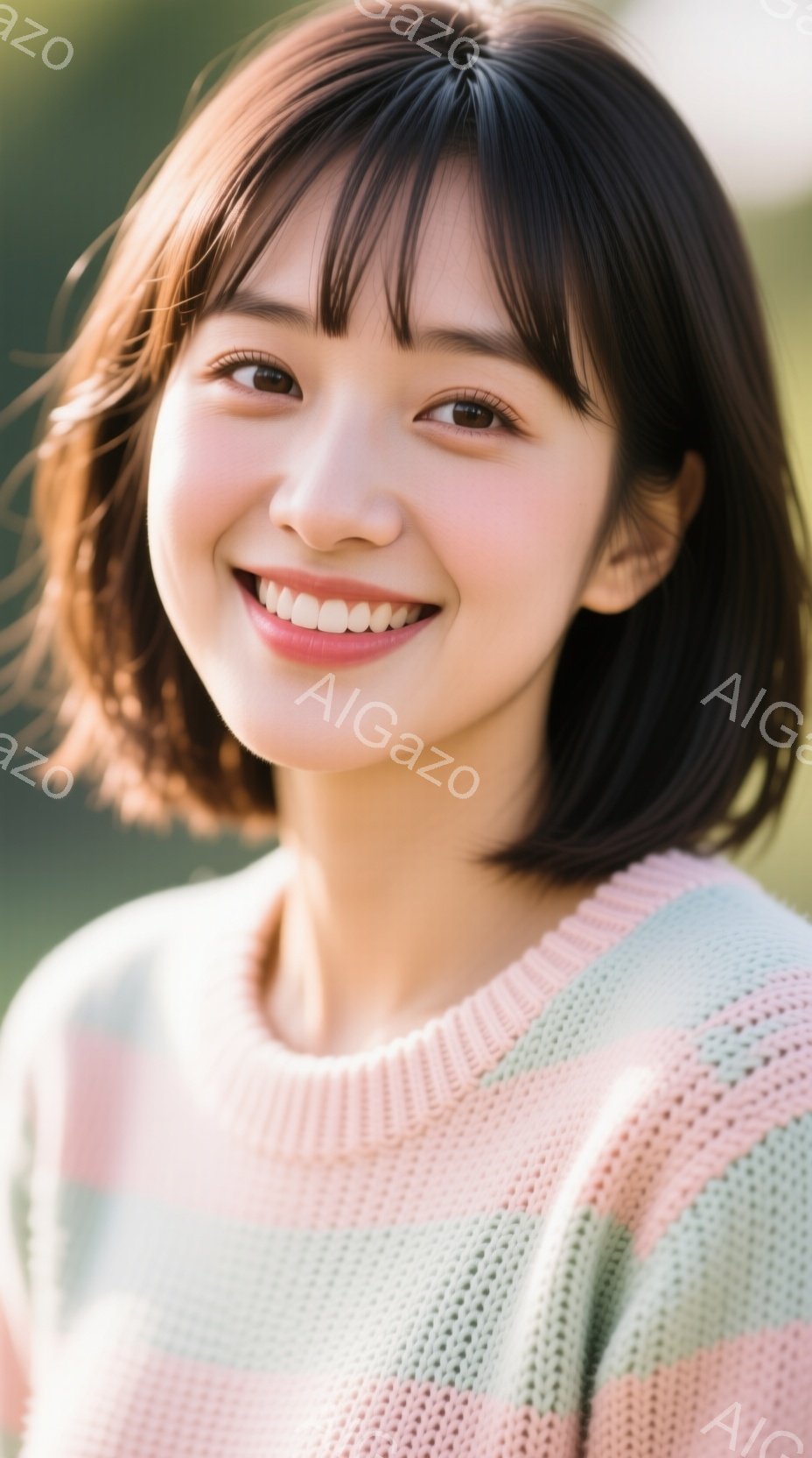 画像は、短い茶色の髪と前髪を持つ若い女性のポートレートです。彼女はピンクと緑のストライプのセーターを着ており、笑顔でカメラを見つめています。背景は緑色にぼやけており、屋外で撮影された穏やかな雰囲気の画 - AI生成フリー素材