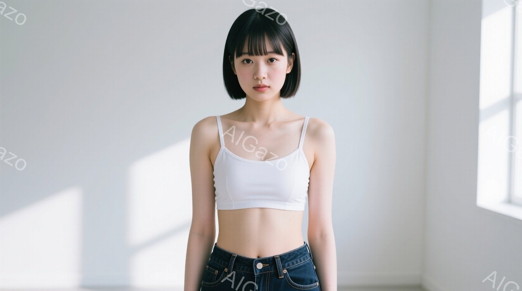 画像は、短い黒髪で前髪のある若い女性が、白いタンクトップと濃い色のジーンズを着て立っている様子を捉えています。彼女は正面をまっすぐ見つめ、表情は穏やかで落ち着いています。背景は白い壁で、窓から差し込む - AI生成フリー素材