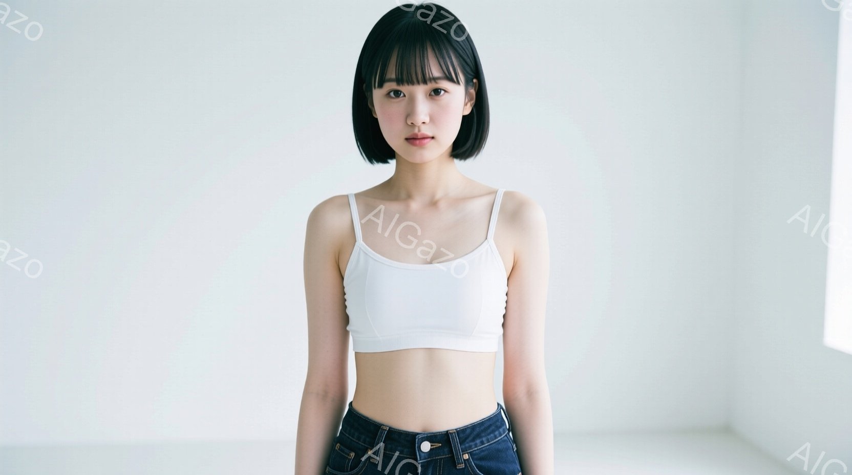 画像は、短い黒髪の女性が、白いタンクトップとデニムのショートパンツを着用し、正面を向いて立っている様子を捉えています。彼女は無表情で、姿勢はまっすぐです。背景は白く、窓からの光が差し込んでおり、全体的にシンプルでミニマルな雰囲気が漂っています。