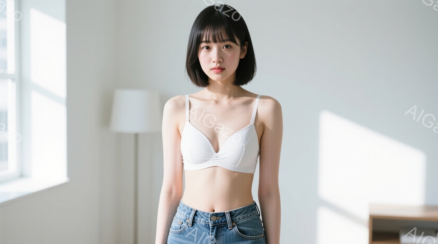明るい室内で、短い黒髪の女性が、白いブラトップとデニムジーンズを着用して立っています。彼女は正面をまっすぐ見ており、表情は穏やかで、自然な微笑みが伺えます。背景には白い壁と家具が見え、光が差し込み、清 - AI生成フリー素材