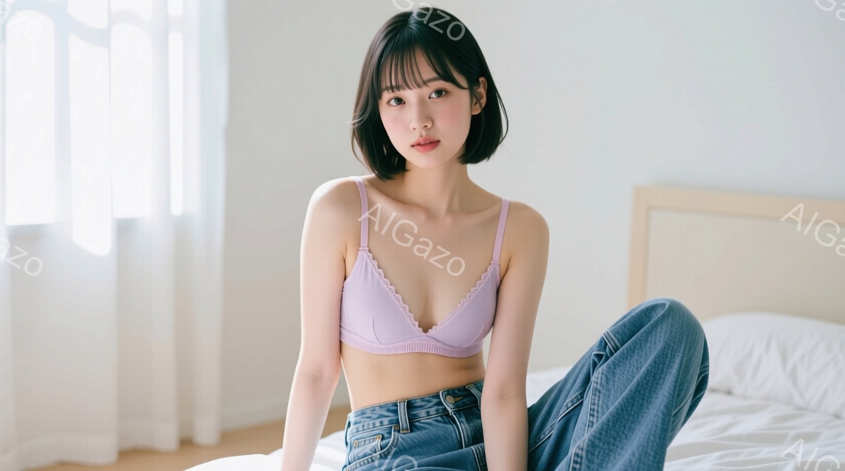 モデルは薄紫色のレースのトリミングが施されたブラレットと、ゆったりとしたデニムジーンズを着用し、ベッドに座っています。彼女は黒髪のショートボブで、穏やかな表情でカメラを見つめています。背景はシンプルな白い壁と木製のベッドフレームで、明るく清潔な雰囲気です。