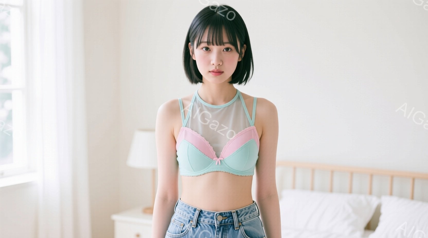 明るい部屋で、短い黒髪の女性がキャミソールとデニムのズボンを着用して立っています。彼女は微笑みを浮かべ、リラックスした姿勢でカメラを見つめています。背景には白いベッドと小さなテーブルがあり、穏やかで親 - AI生成フリー素材