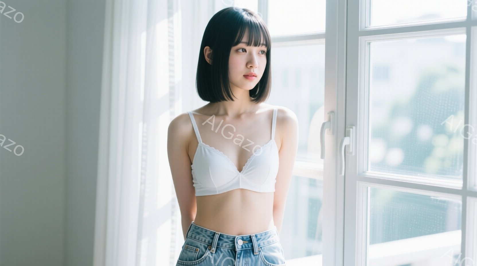 短い黒髪の女性が、白いレースのブラとデニムのショートパンツを着て、窓の前に立っている。彼女はわずかに視線を外しており、表情は穏やかでどこか憂いを帯びている。背景は明るい光が差し込む窓で、白く光沢のある - AI生成フリー素材