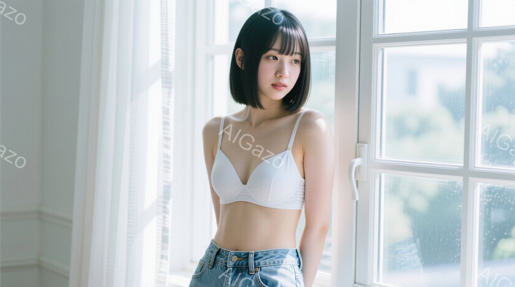 若い女性が窓のそばに立っており、白いブラとデニムのショートパンツを着用しています。彼女は黒いボブヘアで、やや物憂げな表情をしています。窓の外には明るい日差しが差し込み、白いカーテンが光を通し、全体的に - AI生成フリー素材