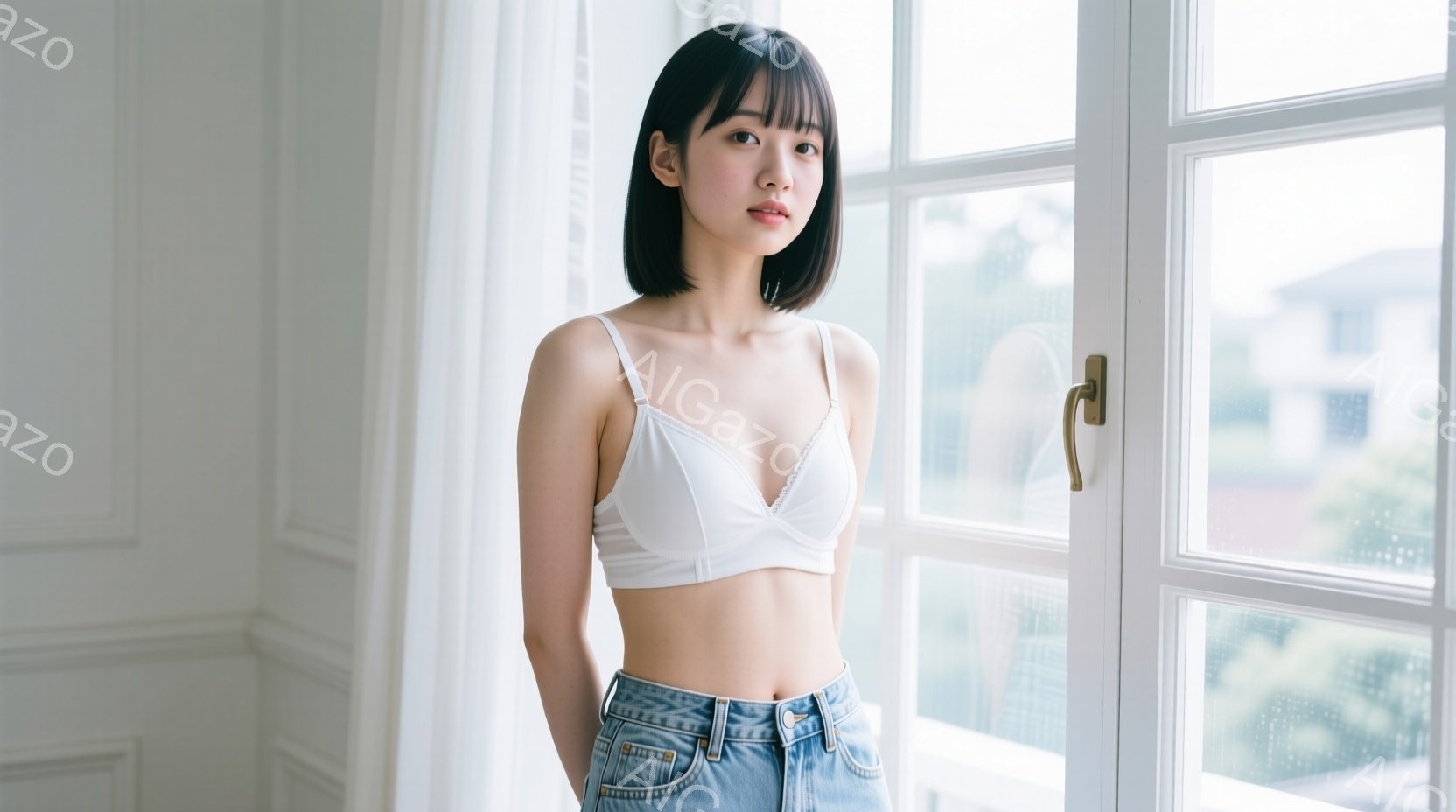 短い黒髪の女性が、窓のそばに立っています。白いレースのブラトップとデニムパンツを身につけ、少し微笑んでいます。背景には、緑豊かな木々や建物が見え、晴れた日の穏やかな雰囲気が漂っています。 - AI生成フリー素材