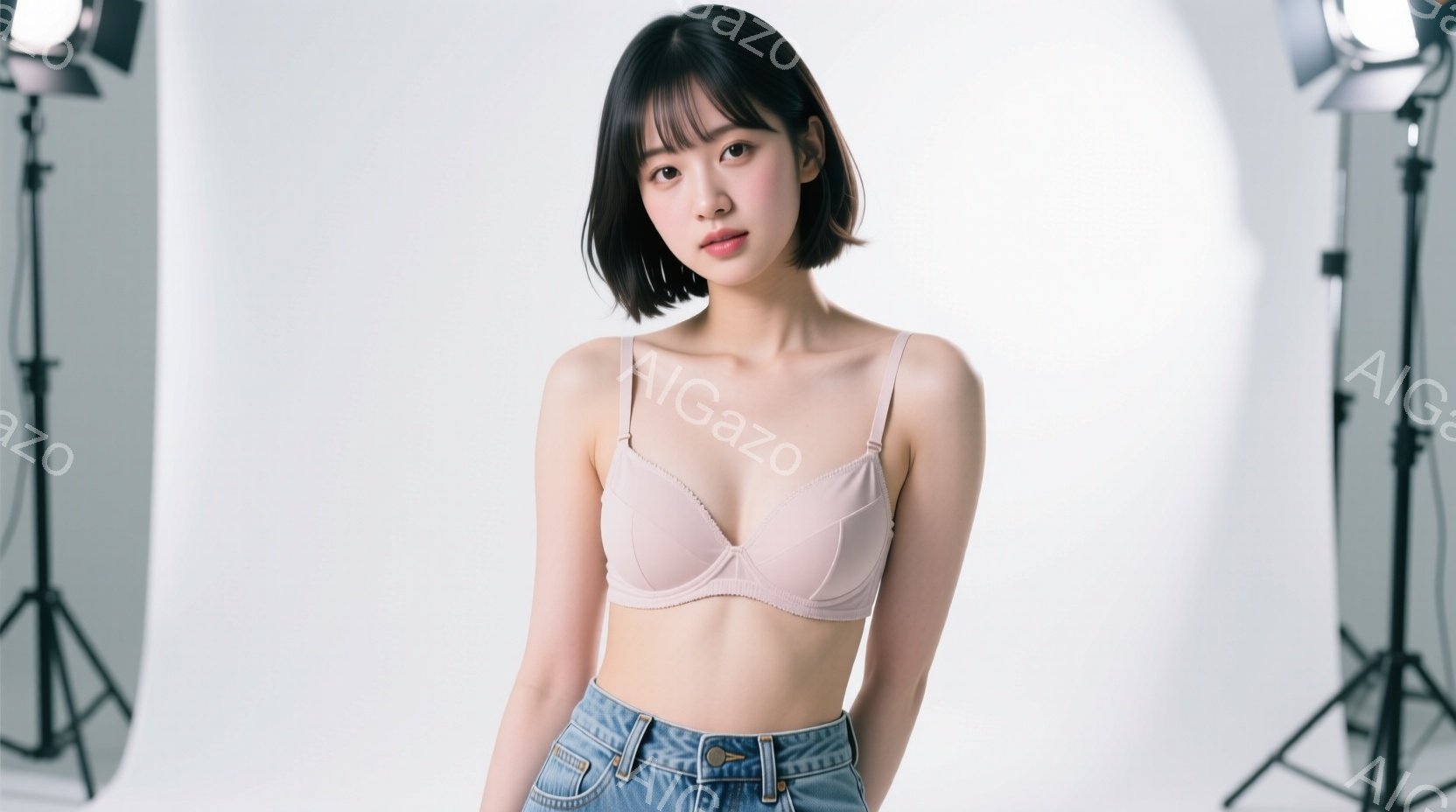 モデルは、薄いピンク色のブラと、ハイウエストのデニムジーンズを着用し、スタジオでポーズをとっています。彼女は肩までの長さの黒髪で、前髪が目にかかるヘアスタイルです。表情は穏やかで、カメラに向かってまっ - AI生成フリー素材