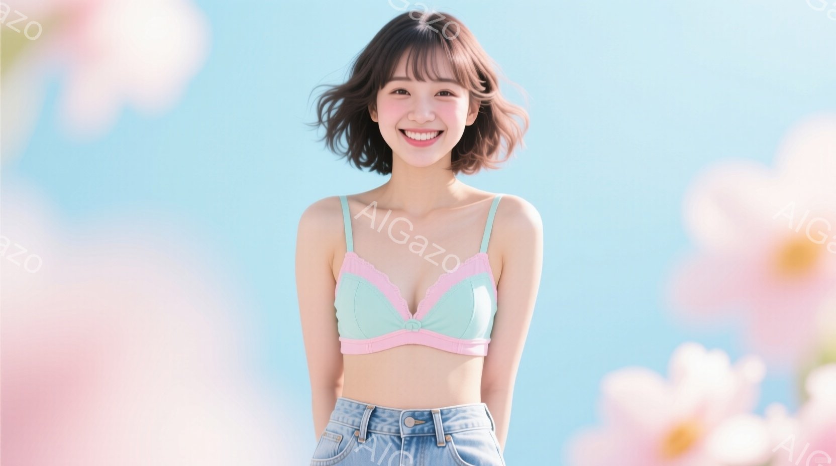 モデルはターコイズブルーとピンクの組み合わせのブラレットとデニムのショートパンツを着用し、明るい笑顔を見せています。彼女は肩を少し落としたリラックスした姿勢で、前方に手を組んでいます。背景はぼやけた桜 - AI生成フリー素材