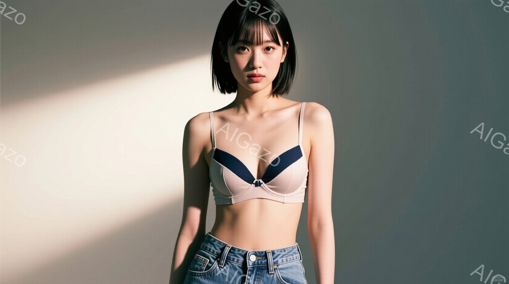 黒髪のショートヘアの女性が、ライトブルーのデニムパンツとクリーム色のブラレットを着て立っている。彼女は正面をまっすぐ見ており、表情は穏やかで、わずかに微笑んでいるように見える。背景は淡いグレーで、影が - AI生成フリー素材