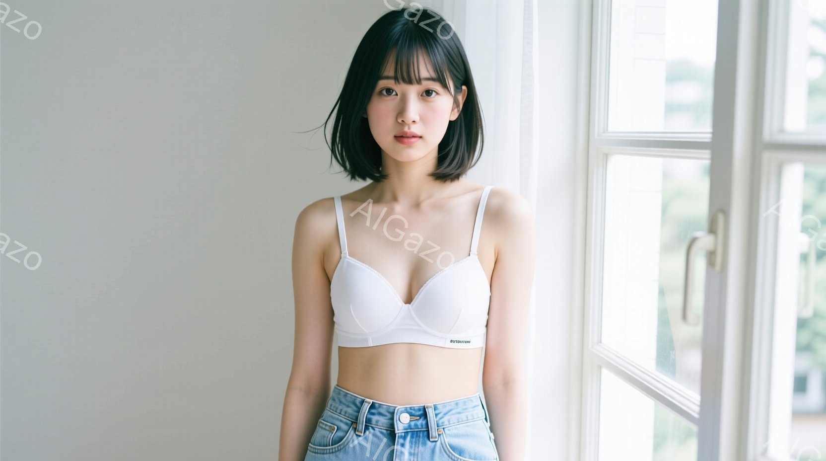 若い女性が白いブラレットとデニムのショートパンツを着用し、窓辺に立っている。彼女は肩までの黒髪で、わずかに微笑んだ表情をしている。背景にはぼやけた緑が見え、日差しが差し込み、明るく清潔な雰囲気を醸し出 - AI生成フリー素材