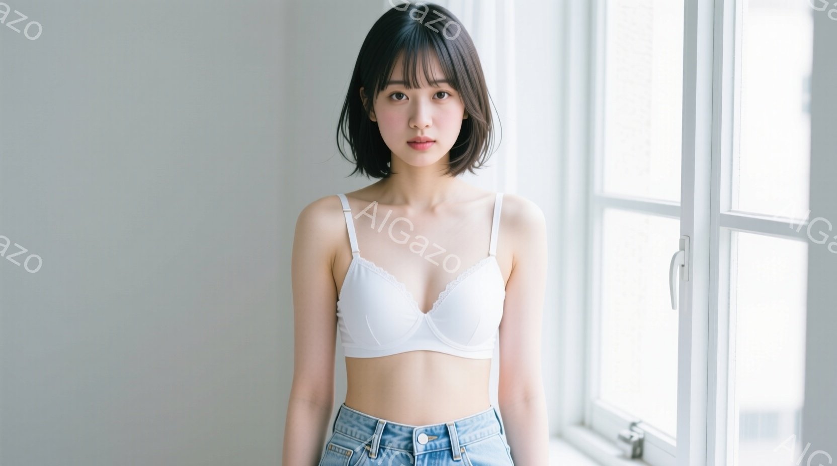 若い女性が白いブラとデニムのジーンズを着用して立っています。彼女は黒いショートボブヘアで、少し微笑んでいます。背景は白い壁と窓で、全体的に明るく清潔な印象です。 - AI生成フリー素材