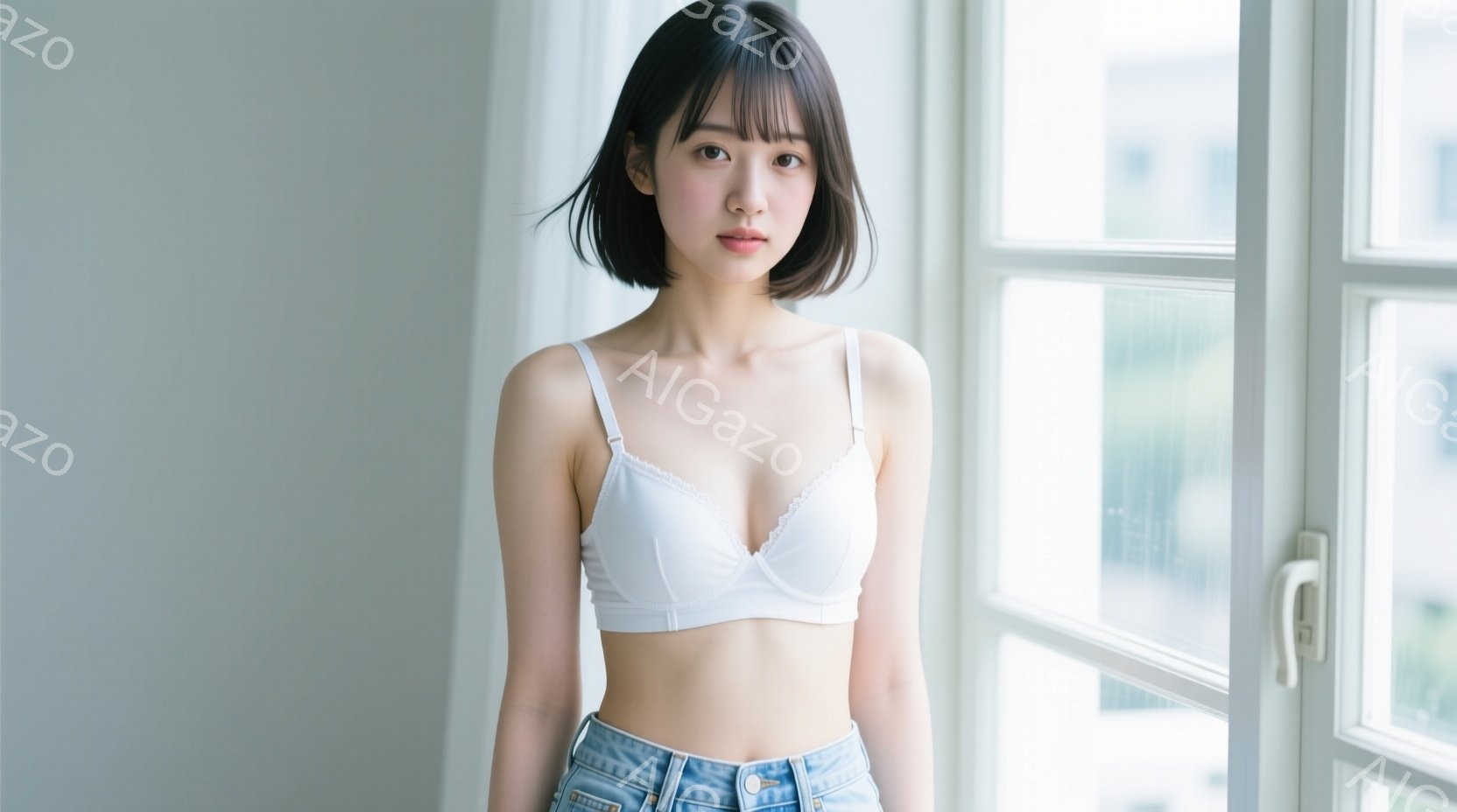 ショートヘアの若い女性が、白いレースのブラとデニムのジーンズを着用し、窓のそばに立っています。彼女はまっすぐな視線をカメラに向けており、少し微笑んでいるように見えます。窓の外には建物が見え、全体的に明 - AI生成フリー素材