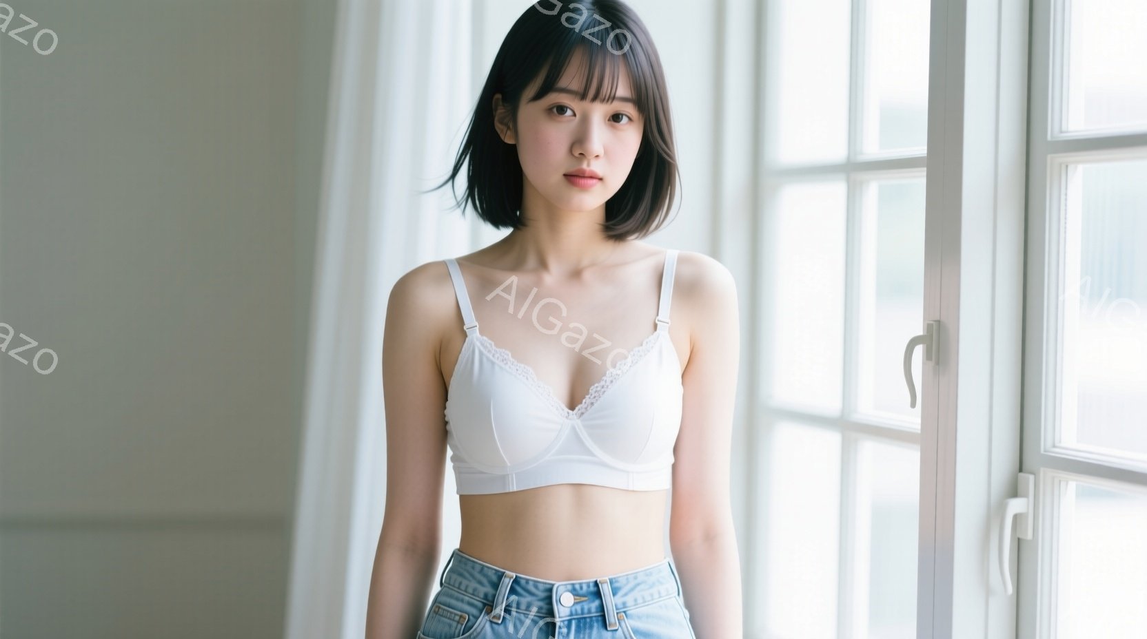 ショートヘアの女性が、白いブラトップとデニムのジーンズを着用し、窓のそばに立っている。彼女はわずかに微笑んでおり、リラックスした雰囲気を醸し出している。背景は明るい窓で、屋内であることがわかる。 - AI生成フリー素材