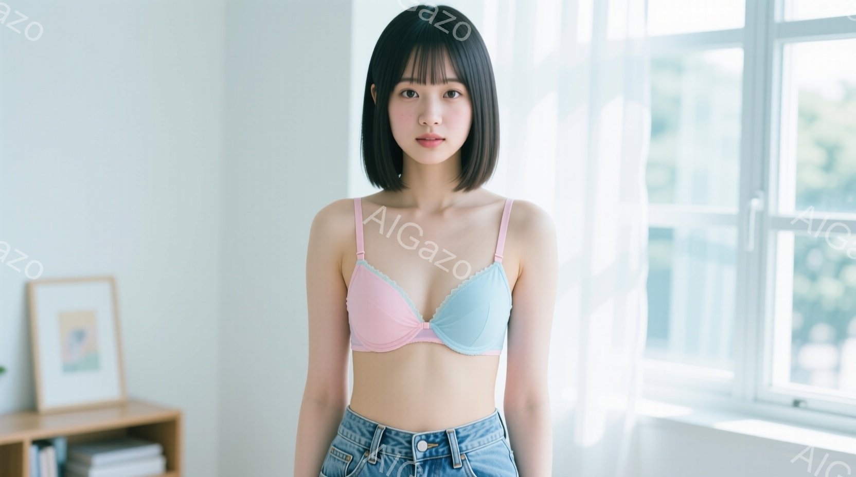 この女性は、薄いピンクと水色のブラと、ハイウエストのデニムパンツを身に着けています。ストレートで前髪のある黒髪が特徴で、落ち着いた表情で正面を見つめています。背景には窓と本棚が見え、室内で自然光が差し - AI生成フリー素材