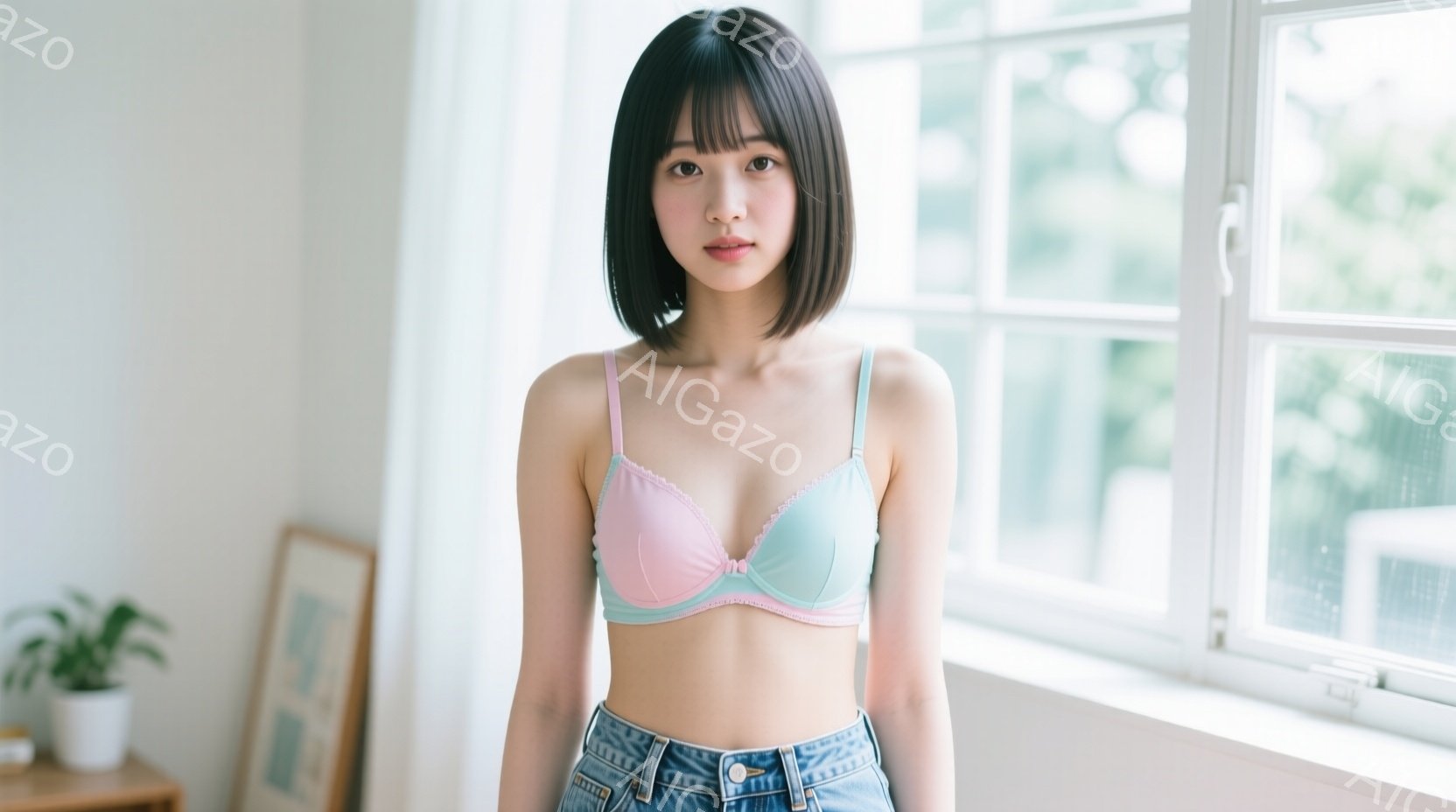 明るい窓辺に立つ若い女性が写っている。彼女はピンク色のキャミソールとデニムのジーンズを着用し、黒髪のショートボブスタイルで、穏やかな表情を浮かべている。背景には木製の棚と植物が見え、全体的に明るく清潔 - AI生成フリー素材