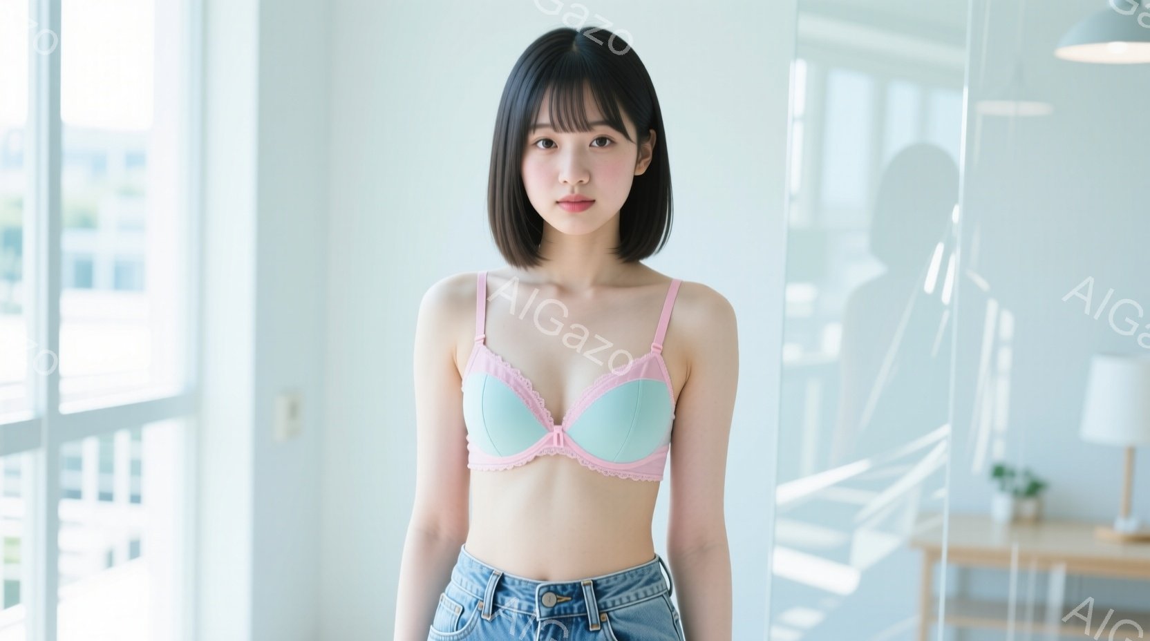 若い女性が、薄いピンク色のブラジャーに水色のレースが施され、ハイウエストのデニムパンツを着用しています。彼女はストレートの黒髪で、前髪が眉毛にかかるようにカットされています。背景には窓から差し込む自然 - AI生成フリー素材