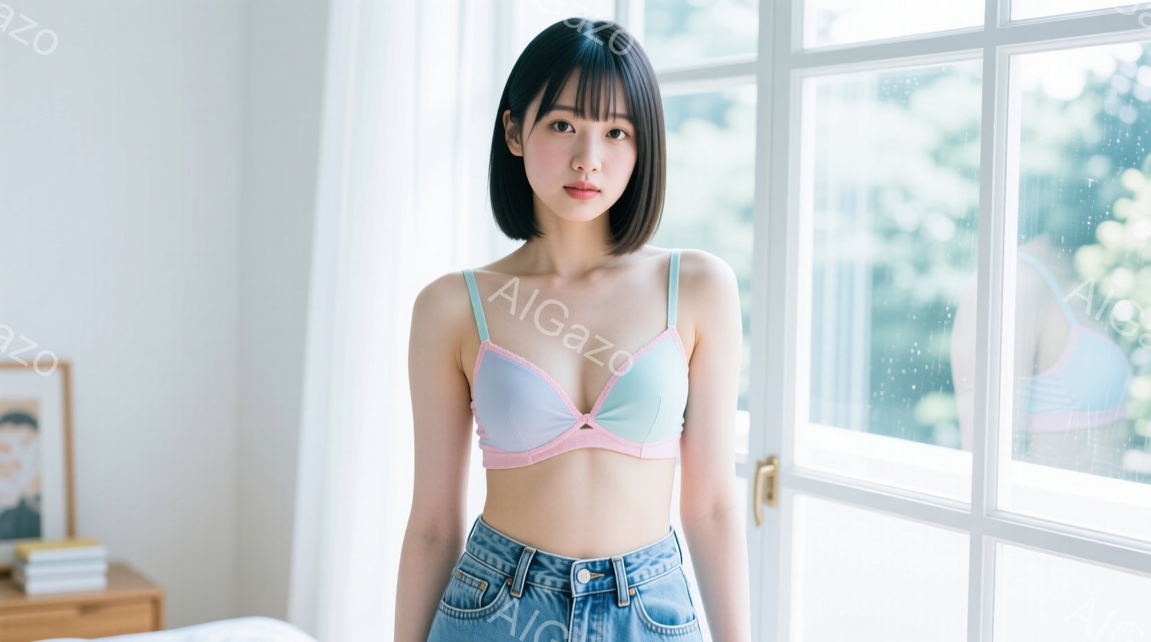 ショートヘアの女性が、窓の近くでポーズをとっています。彼女は薄いブルーとピンクのブラレットと、ハイウエストのデニムジーンズを着用し、リラックスした表情をしています。背景には白いベッドとわずかに見える家 - AI生成フリー素材