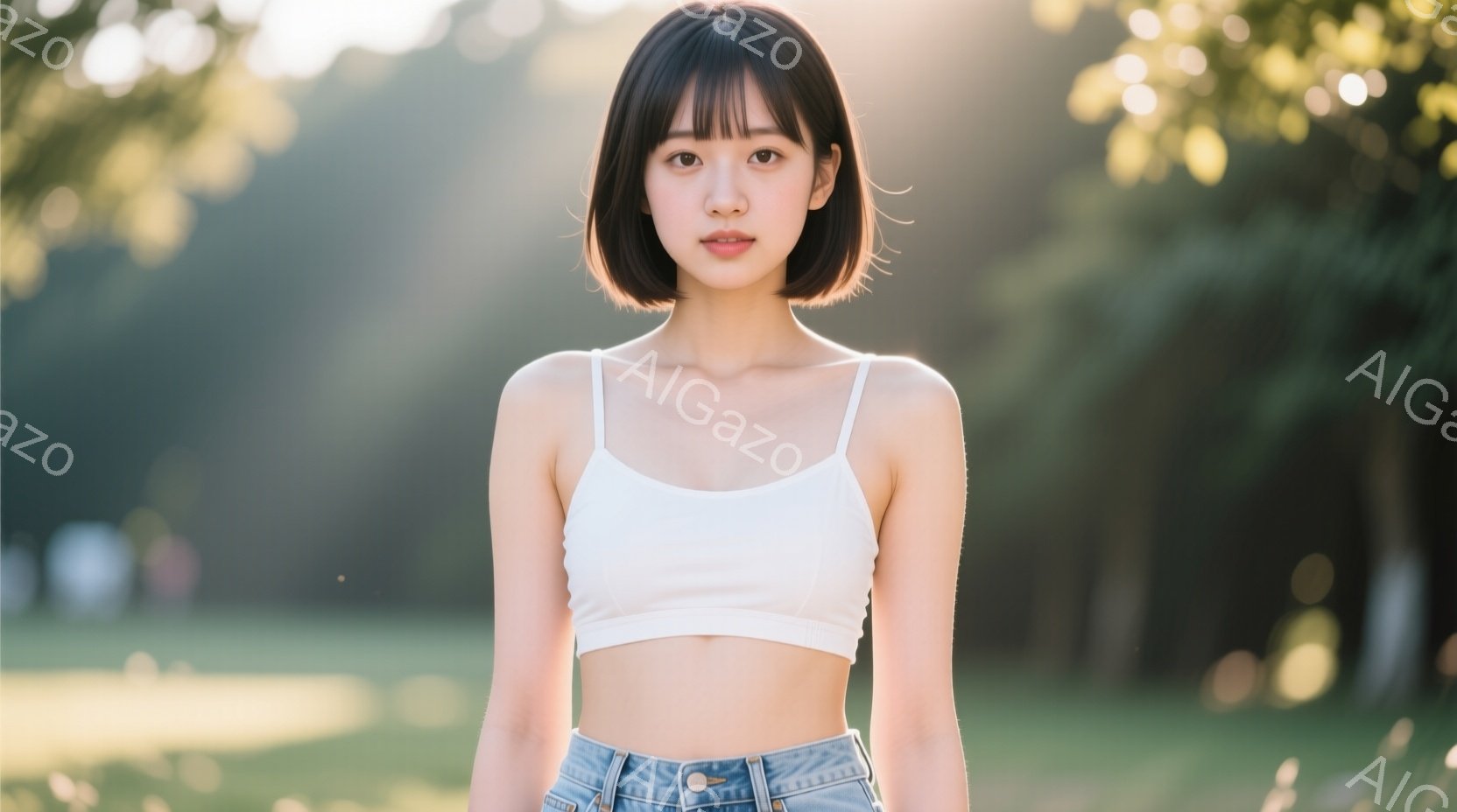短いボブヘアに前髪を下ろした女性が、白いタンクトップとデニムのショートパンツを身につけて正面を向いています。彼女はわずかに微笑んでおり、リラックスした姿勢で立っています。背景は緑豊かな木々と草地で、柔らかな光が差し込み、穏やかで自然な雰囲気を醸し出しています。