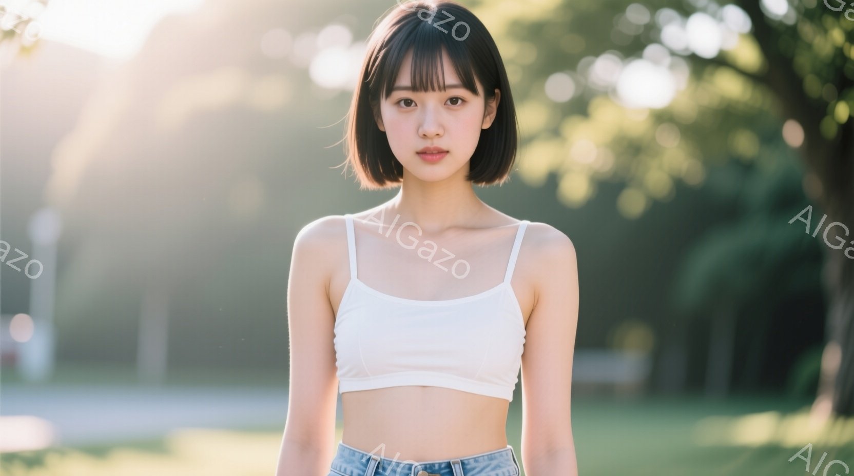 明るい屋外で、短い前髪と肩までのボブヘアの若い女性が立っています。白いタンクトップとデニムのジーンズを着用し、穏やかな表情でカメラを見つめています。背景には緑豊かな木々とぼやけた風景が広がり、晴れた日 - AI生成フリー素材