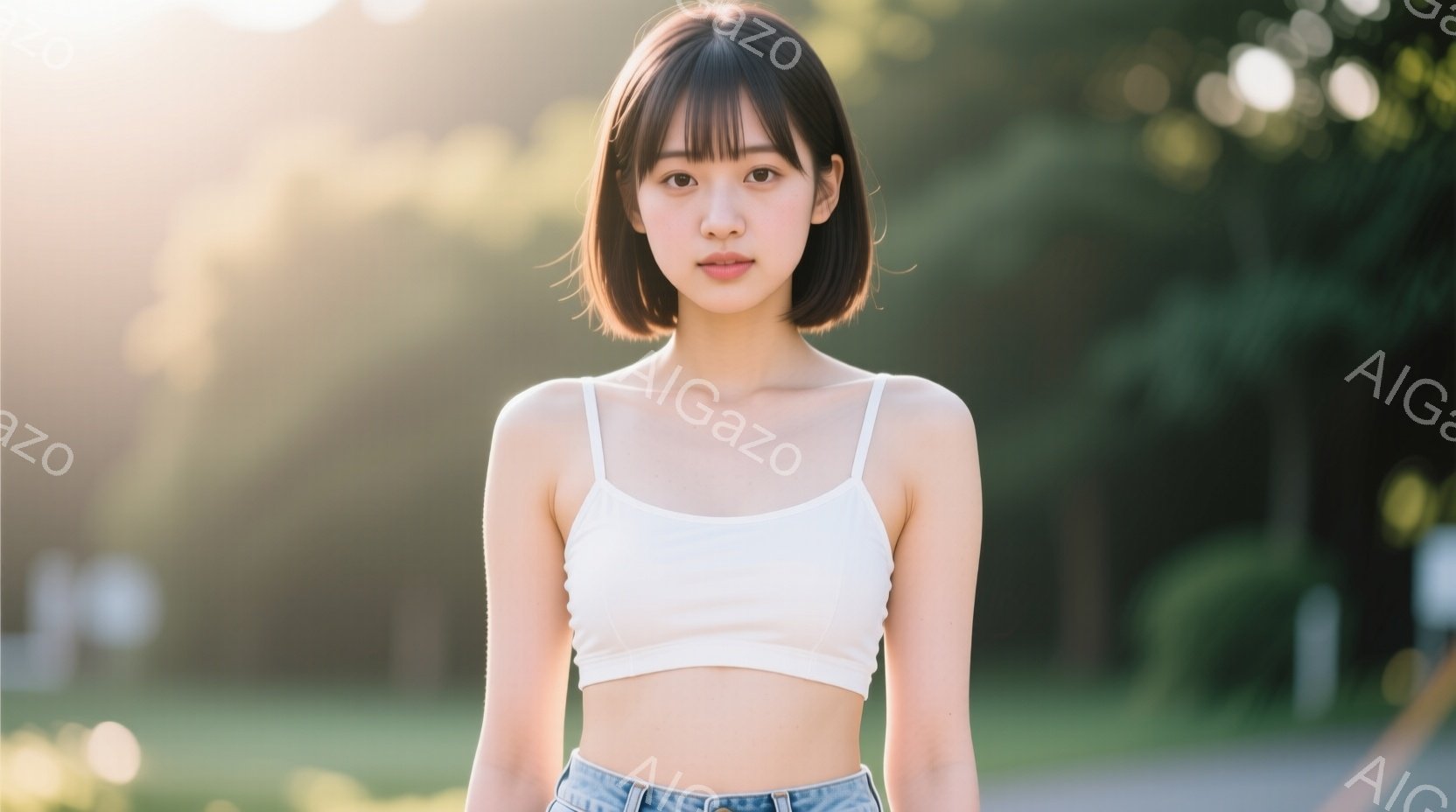 画像には、肩出しの白いタンクトップとデニムのショートパンツを着た若い女性が写っています。彼女は黒髪のボブヘアで、前髪が眉毛にかかっています。背景は緑豊かな自然で、太陽の光が差し込み、温かく穏やかな雰囲 - AI生成フリー素材