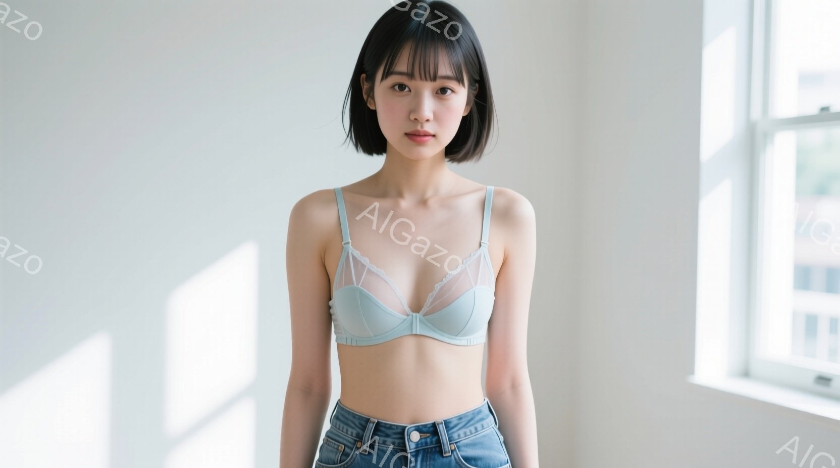 浅いブルーのレースのブラレットと、ハイウエストのデニムジーンズを着用した若い女性が正面を向いています。彼女は黒髪のボブスタイルで、無表情でカメラを見ています。窓から差し込む光が彼女の体に影を落とし、白 - AI生成フリー素材