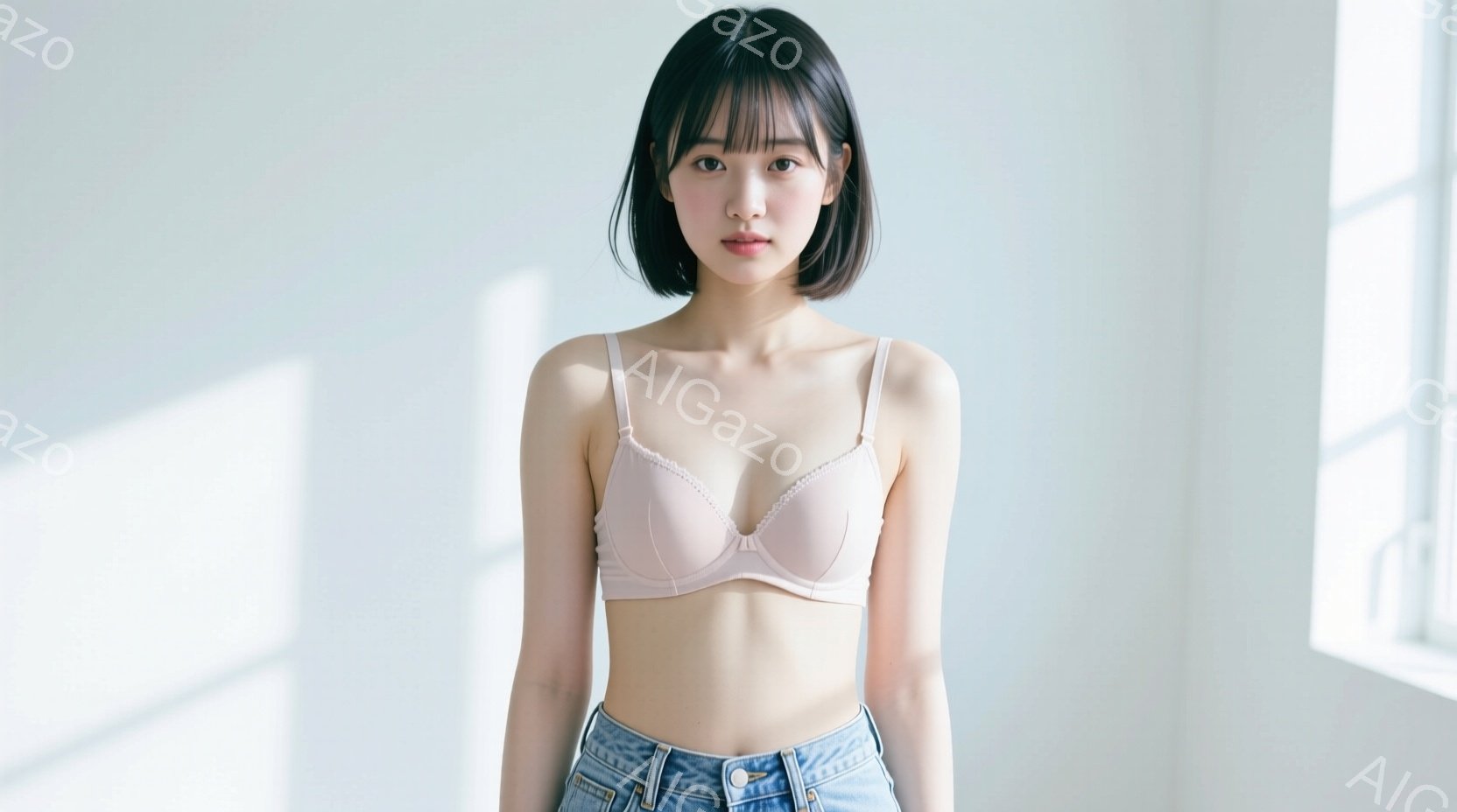 明るい背景の中で、茶色のショートヘアの女性がキャミソールとジーンズ姿で立っています。彼女は落ち着いた表情で、少しだけ微笑んでいるように見えます。窓から差し込む光が彼女の姿を照らし、全体的に柔らかく自然 - AI生成フリー素材