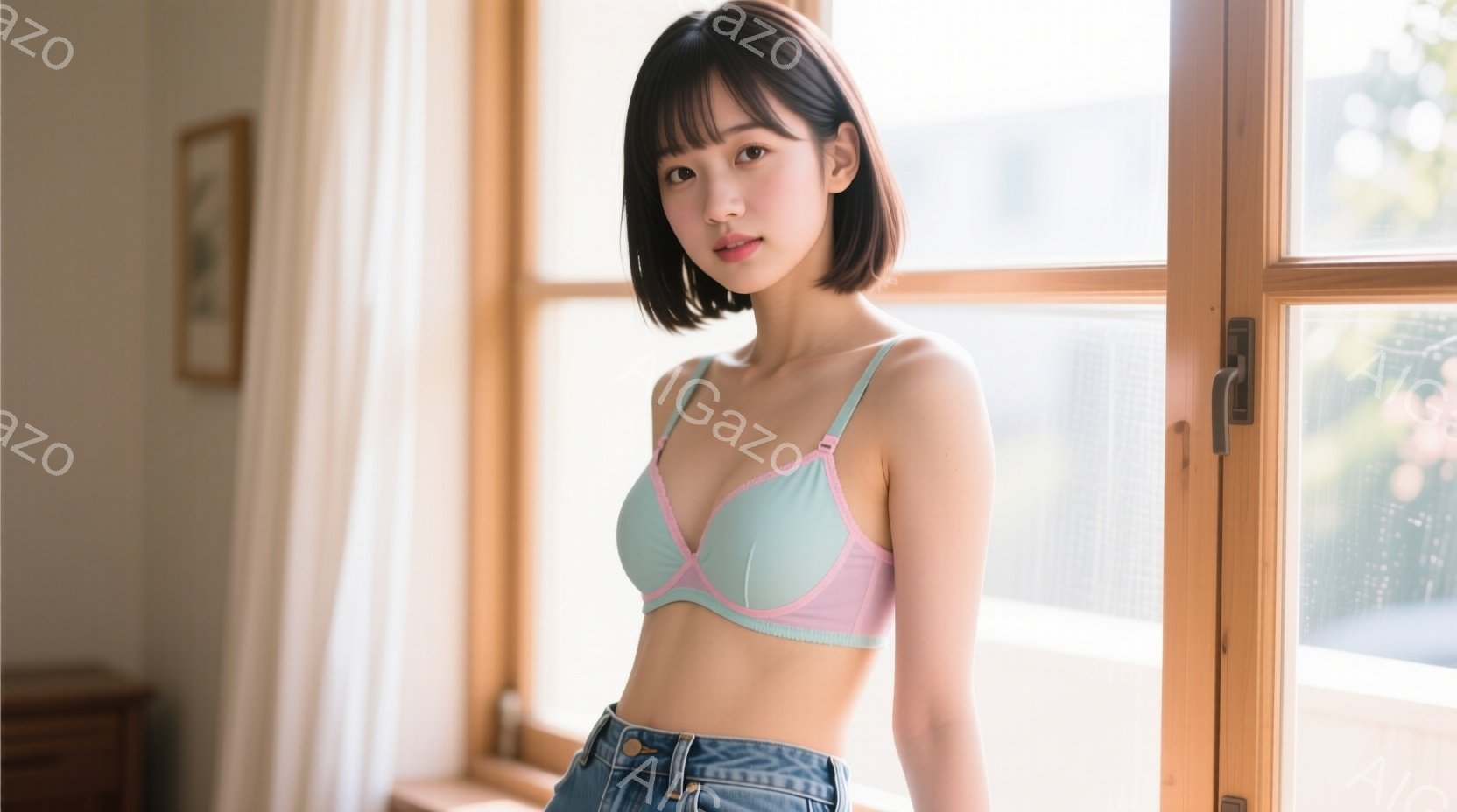 明るい室内で、短い前髪と肩までの長さの茶髪が印象的な女性が立っている。彼女は水色のブラレットとピンクのアンダーウェア、そしてデニムのジーンズを身に着け、少し微笑んでいる。窓から差し込む光が彼女を照らし - AI生成フリー素材