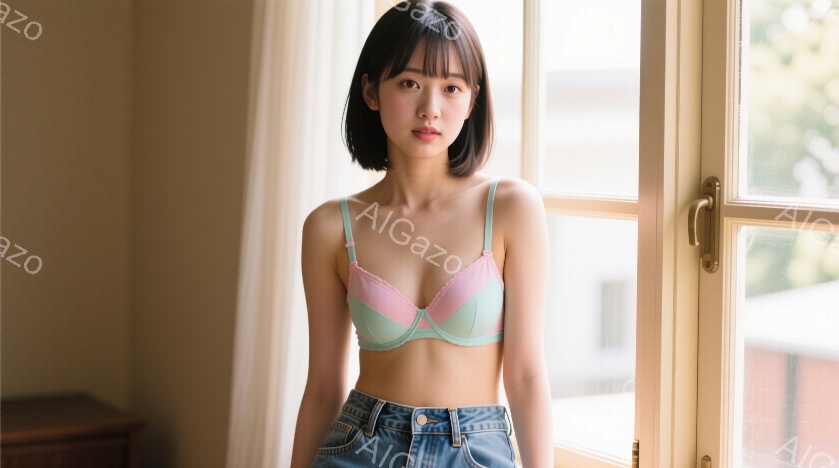 明るい窓辺に立つ女性は、淡いピンクとミントグリーンのブラレットにデニムのパンツを着用しています。肩までの長さの黒髪は、前髪を下ろした自然なスタイルで、表情は落ち着いており、穏やかな視線を向けています。 - AI生成フリー素材