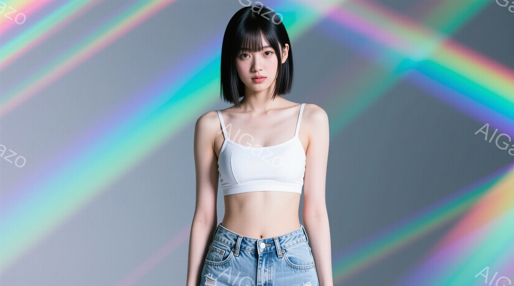 ショートヘアの女性が写っており、前髪は眉毛にかかる程度に切り揃えられています。白いタンクトップと、少しルーズなフィットのデニムパンツを着用し、リラックスした姿勢で正面を向いています。背景は、明るい虹色 - AI生成フリー素材