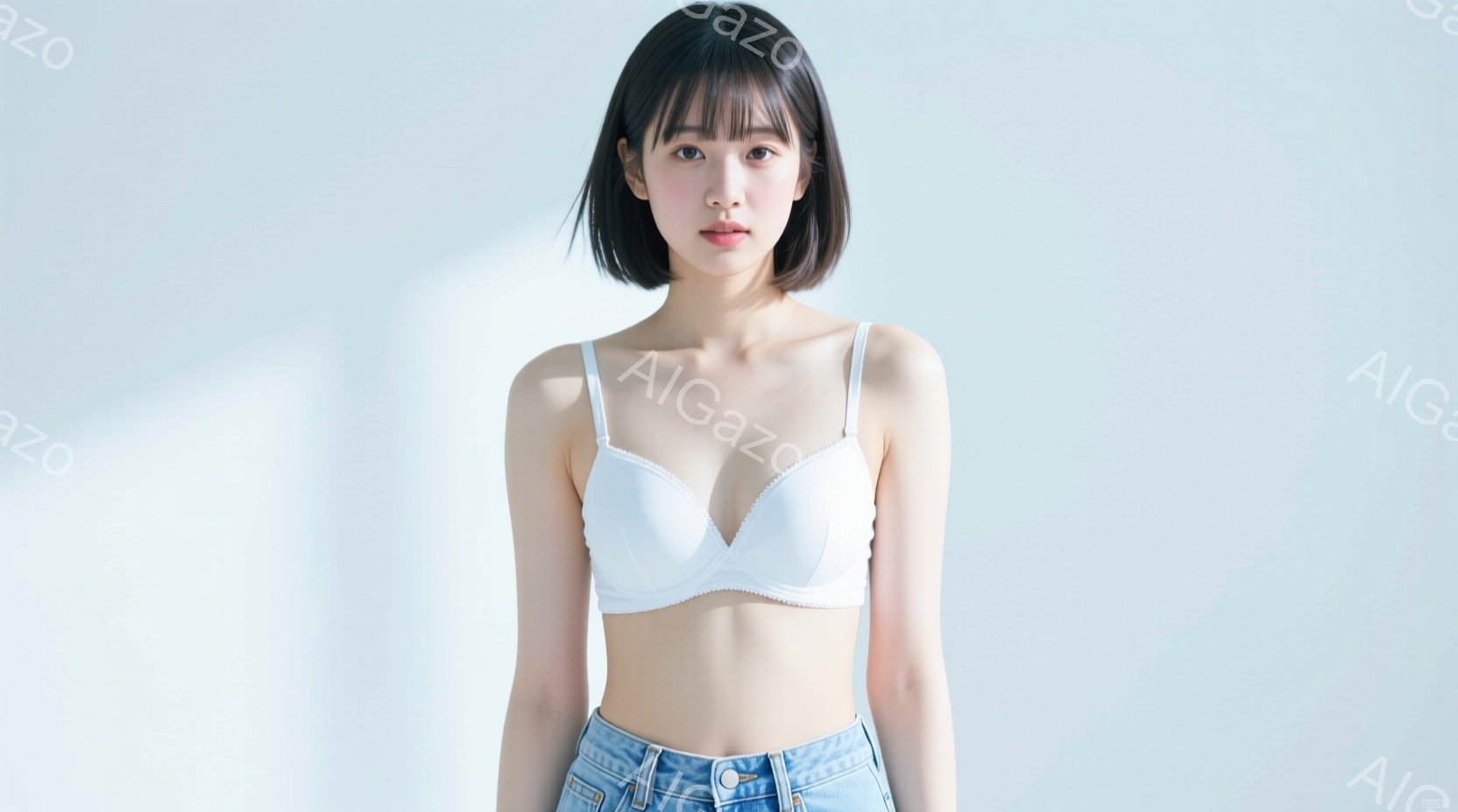 ショートヘアの女性が白いブラトップとデニムのジーンズを身につけて立っています。彼女は正面を向き、少し微笑んでおり、姿勢はまっすぐです。背景は白く、影がわずかにあり、全体的にクリーンでミニマルな印象を与 - AI生成フリー素材