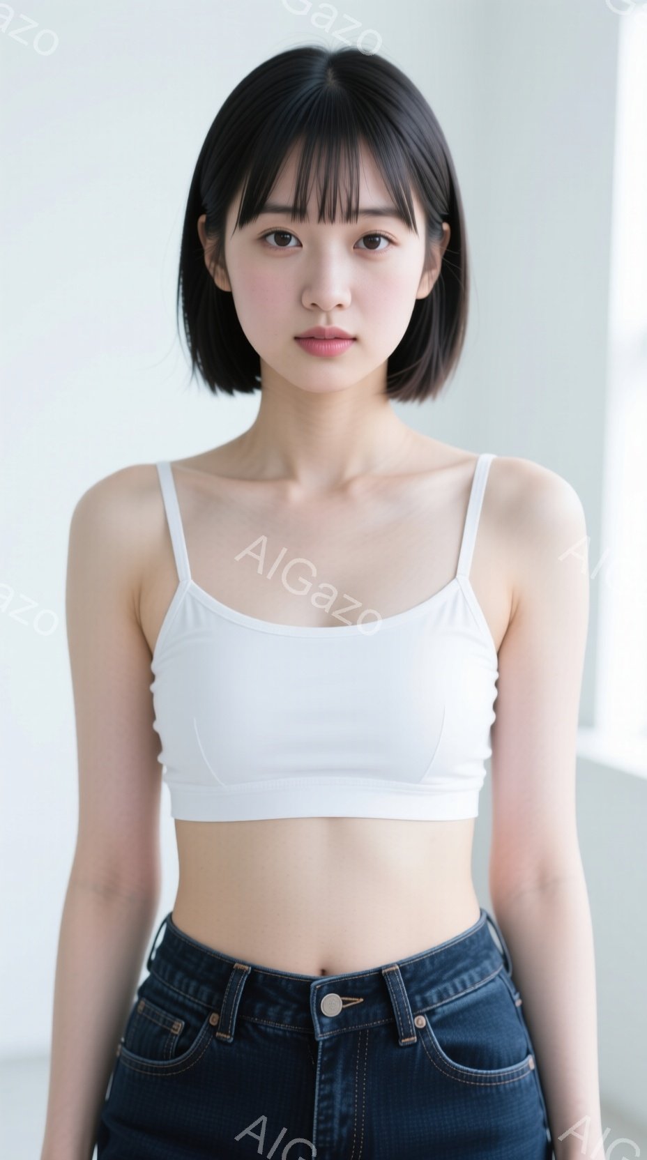 画像は、短い黒髪の女性が写っており、前髪は眉毛にかかる程度に切り揃えられています。彼女は白いキャミソールとハイウエストのジーンズを着用しており、リラックスした姿勢で正面を向いています。背景は白くシンプルで、彼女が際立っています。