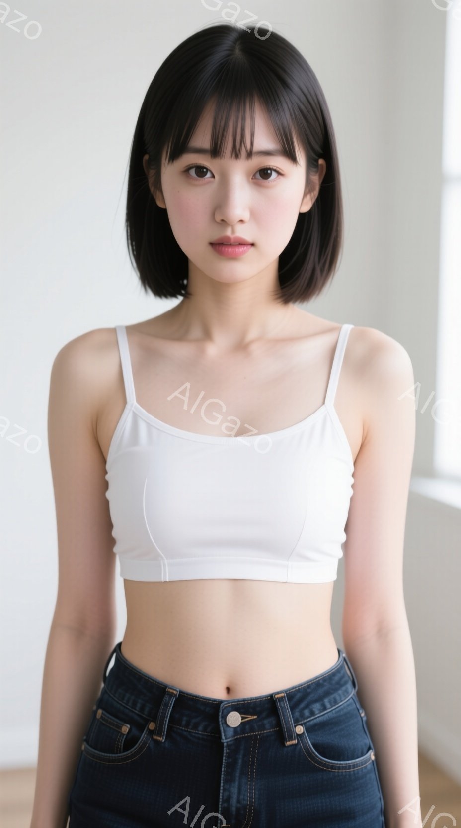 画像は、肩出しの白いタンクトップと濃い色のジーンズを着用した若い女性を捉えています。彼女はストレートで前髪のある黒髪で、落ち着いた表情をしています。背景はシンプルな白い壁で、全体的に自然光が柔らかく照らし、カジュアルで親しみやすい雰囲気を醸し出しています。