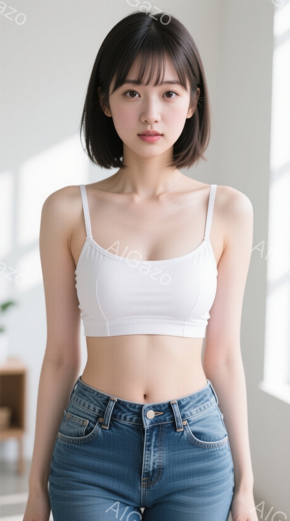 画像は、キャミソールとジーンズを着た若い女性を捉えています。彼女は肩までの長さの黒髪で、前髪が目にかかっています。姿勢はまっすぐで、やや控えめな表情をしています。 - AI生成フリー素材