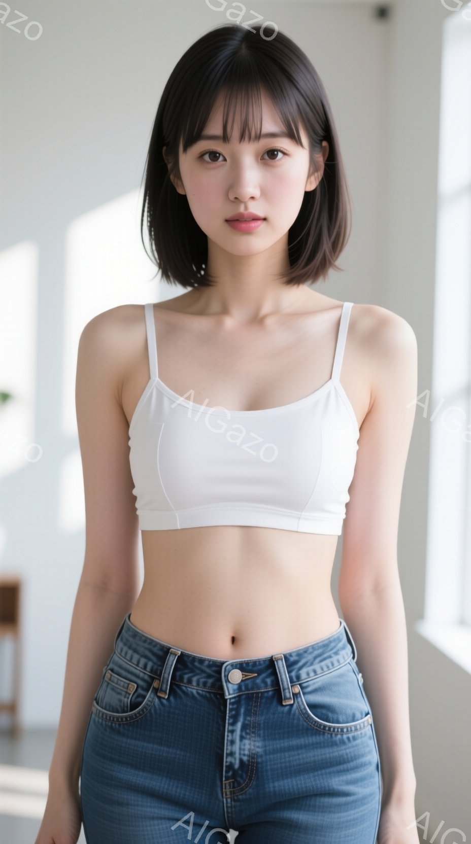 この女性は、白いキャミソールとハイウエストのデニムジーンズを着用しており、少しお腹が見えています。彼女は黒髪のショートボブで、穏やかな表情をしています。背景は明るい室内で、窓からの自然光が差し込んでい - AI生成フリー素材