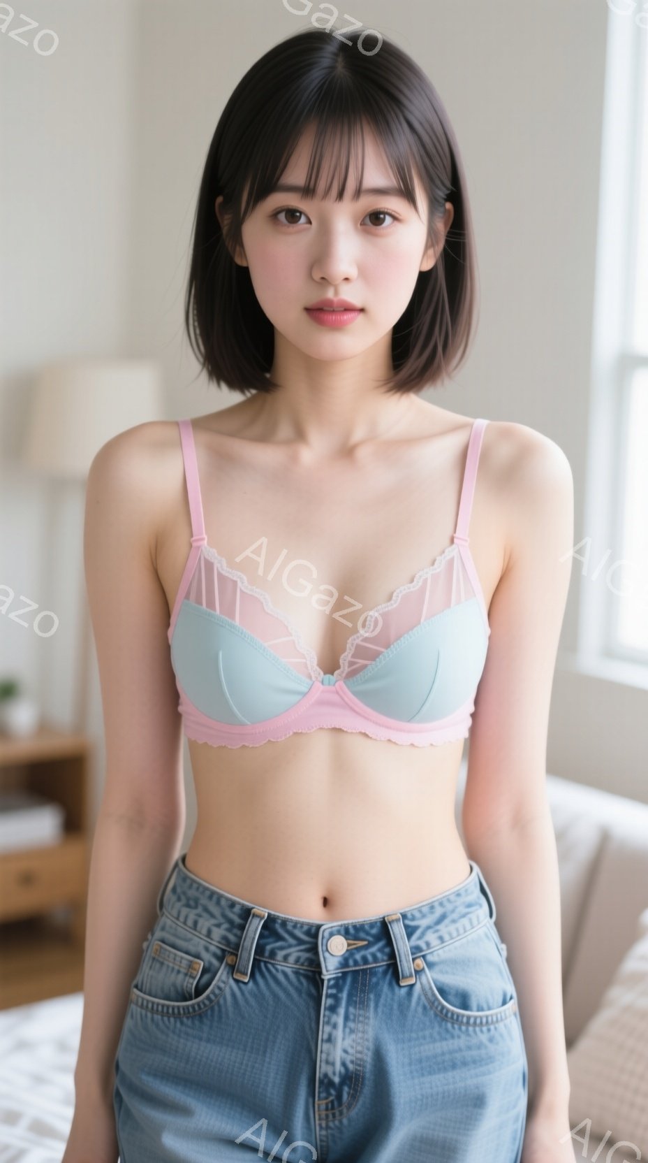 明るい色のキャミソールブラとハイウエストジーンズを着た若い女性が写っています。彼女はストレートでダークブラウンの髪を持ち、少し微笑んでいます。背景にはベッドと家具が見え、室内で自然光が差し込む穏やかな - AI生成フリー素材